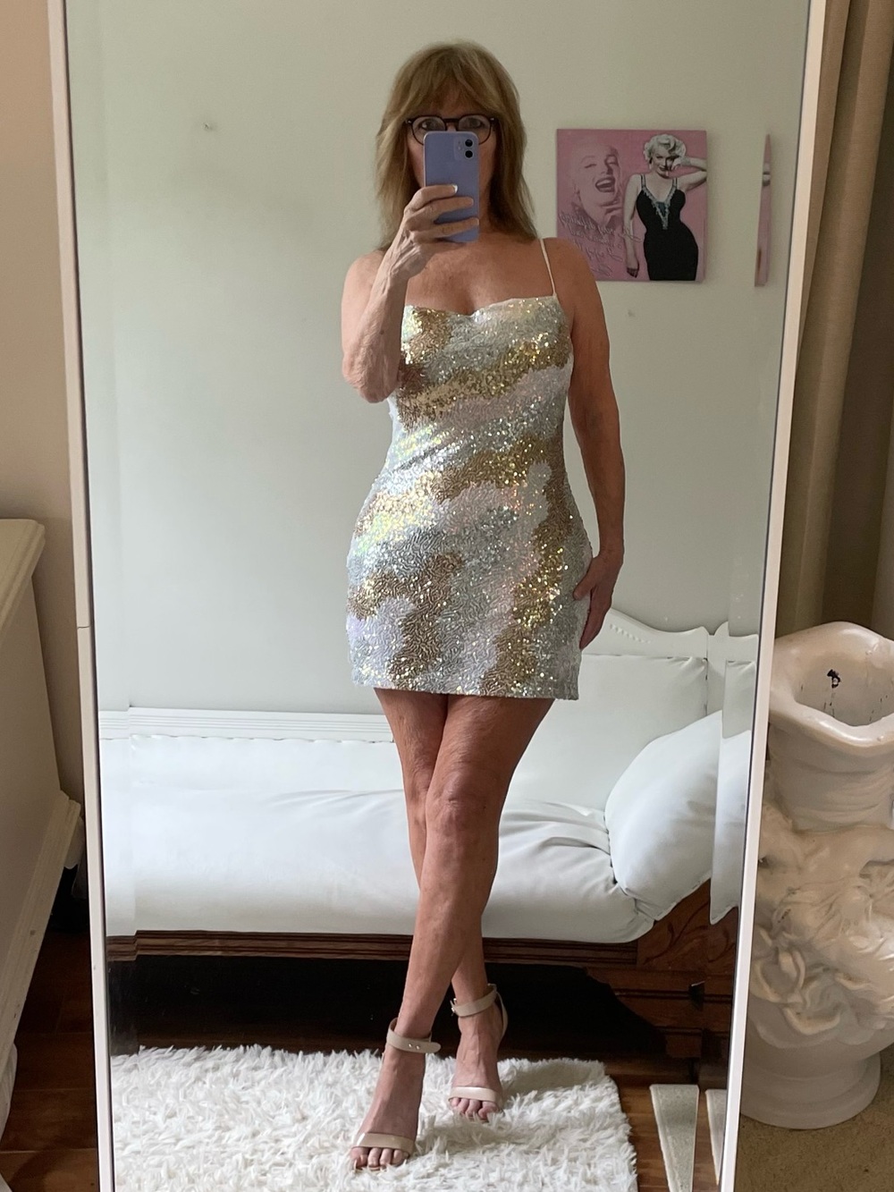 CRYSTAL DOLL SILVER GOLD IRIDESCENT SEQUIN SLIP DRESS LINED STRAPS STRETCH